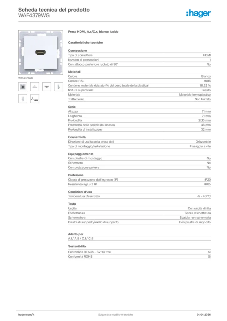 Immagine Hager Scheda tecnica del prodotto WAF4379WG | Hager Italia