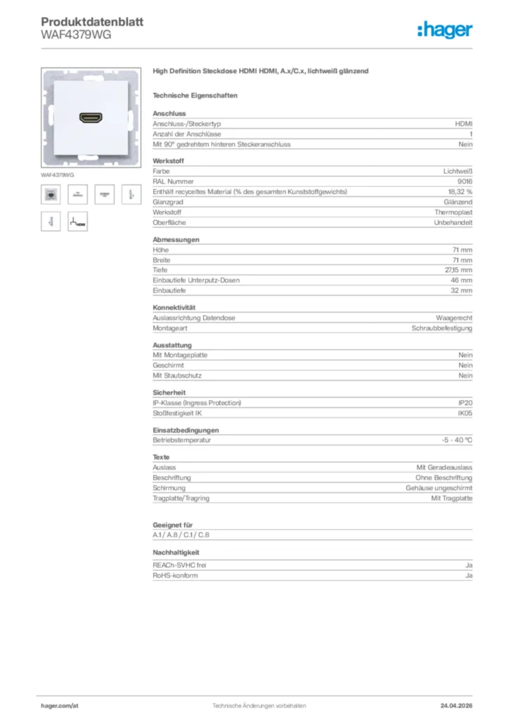 Bild Hager Produktdatenblatt WAF4379WG | Hager Deutschland