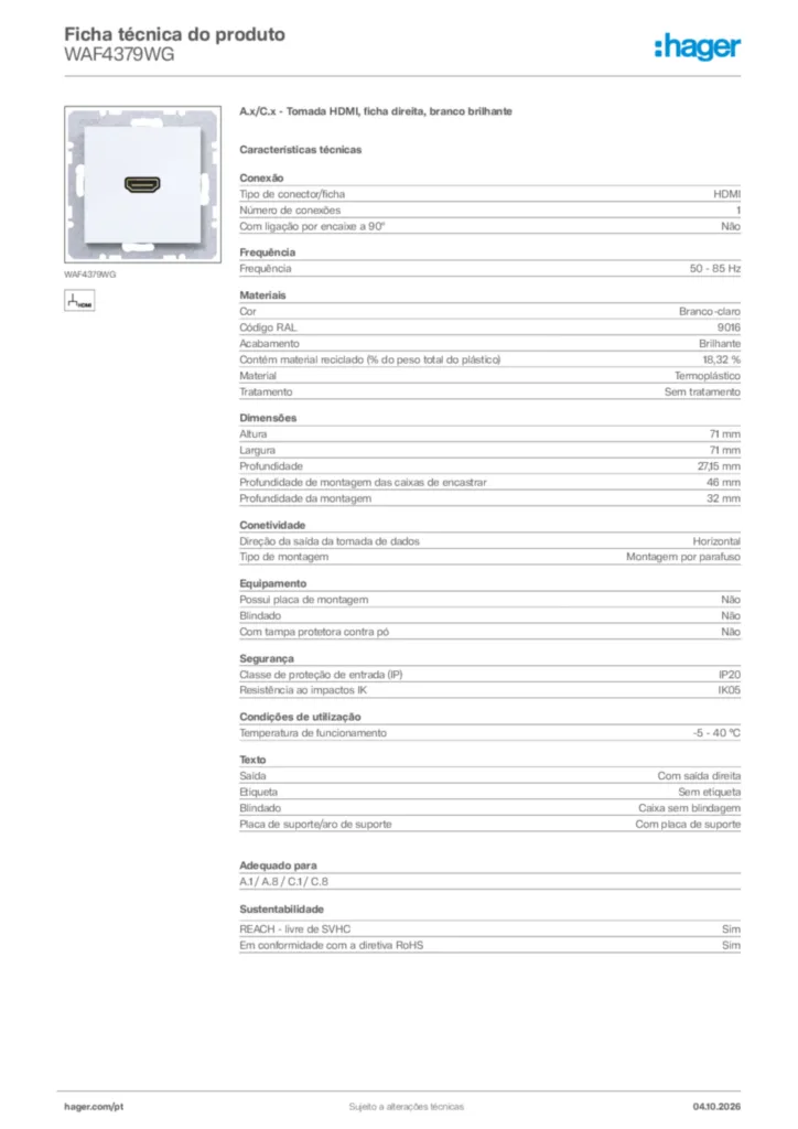Imagem Hager Ficha técnica do produto WAF4379WG | Hager Portugal