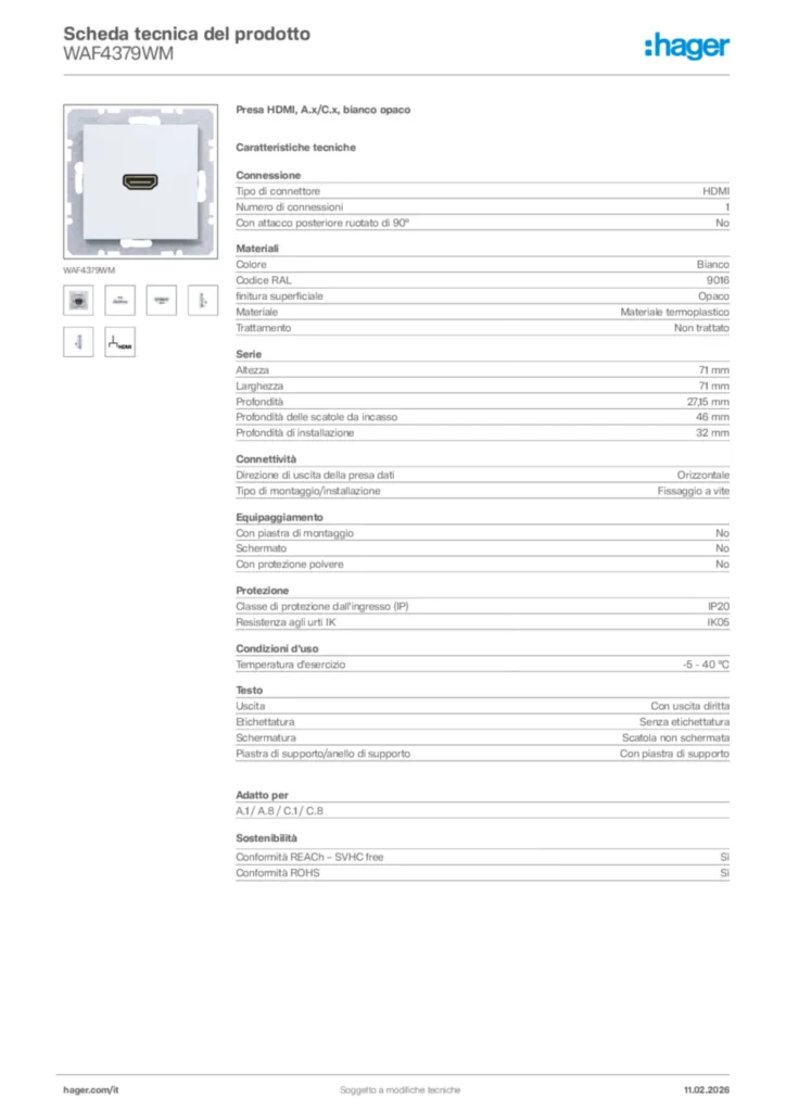 Immagine Hager Scheda tecnica del prodotto WAF4379WM | Hager Italia