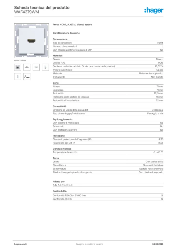Immagine Hager Scheda tecnica del prodotto WAF4379WM | Hager Italia