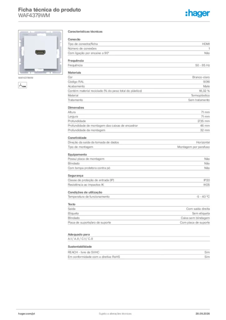 Imagem Hager Ficha técnica do produto WAF4379WM | Hager Portugal