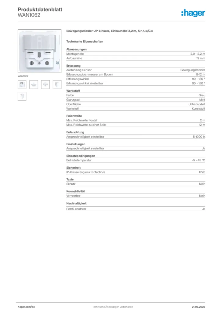 Bild Hager Produktdatenblatt WAN1062 | Hager Deutschland