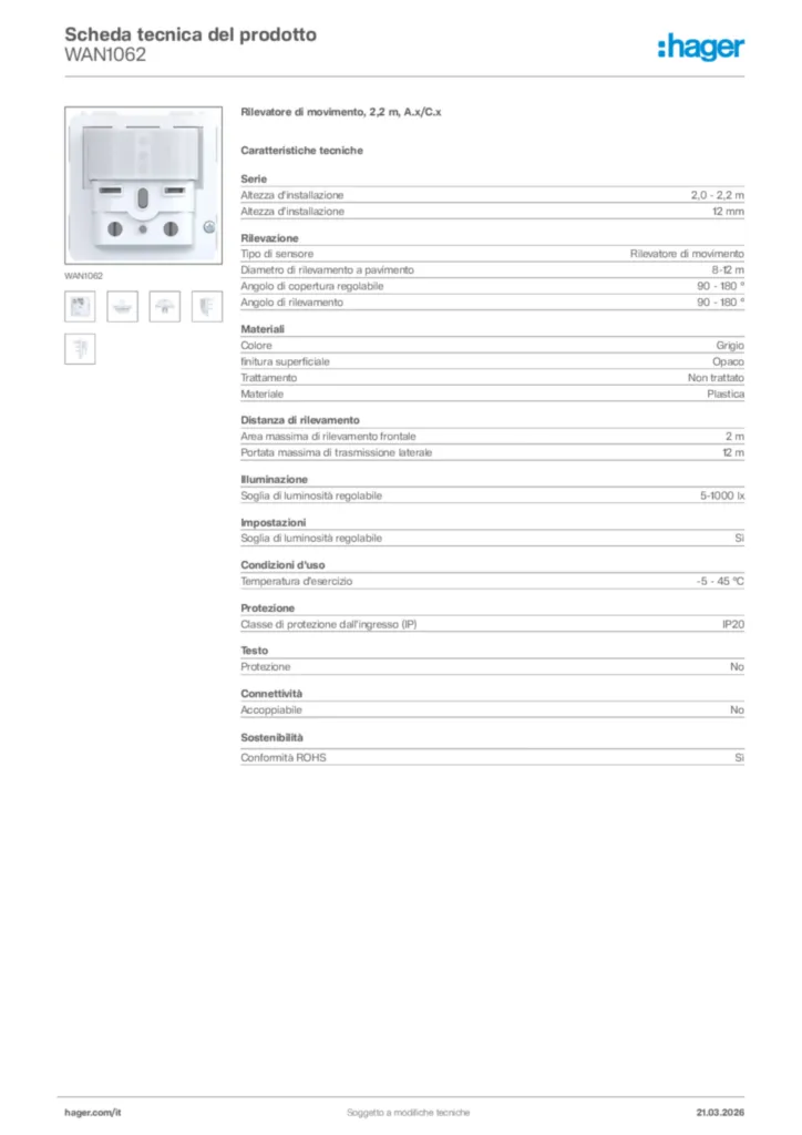 Immagine Hager Scheda tecnica del prodotto WAN1062 | Hager Italia