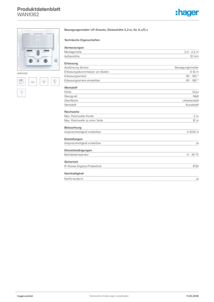 Bild Hager Produktdatenblatt WAN1062 | Hager Deutschland