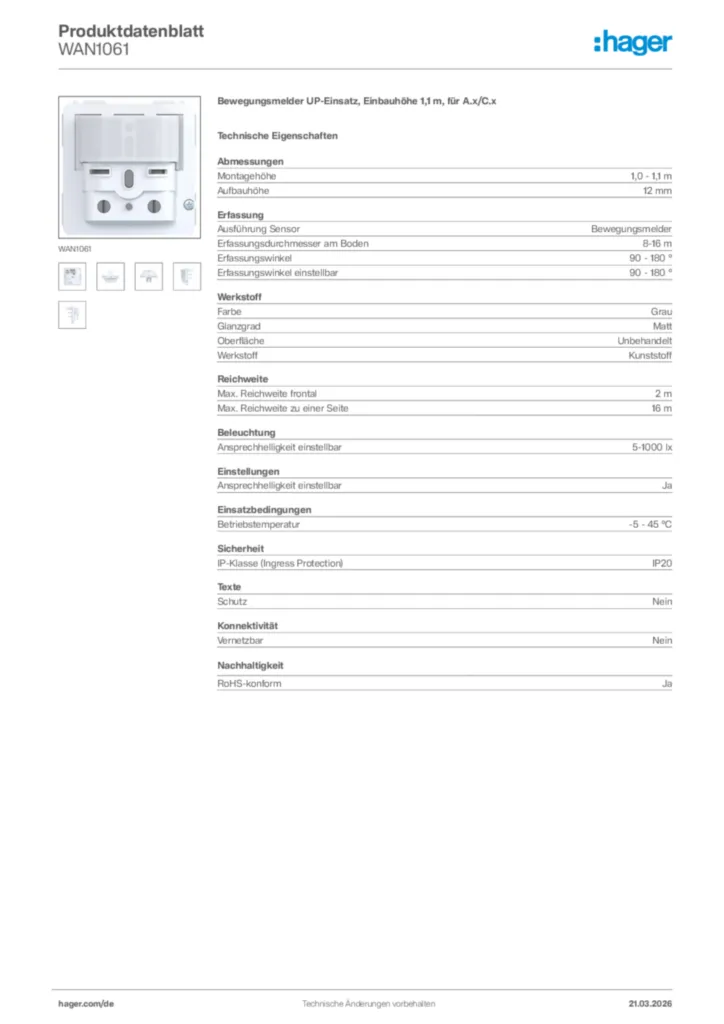 Bild Hager Produktdatenblatt WAN1061 | Hager Deutschland