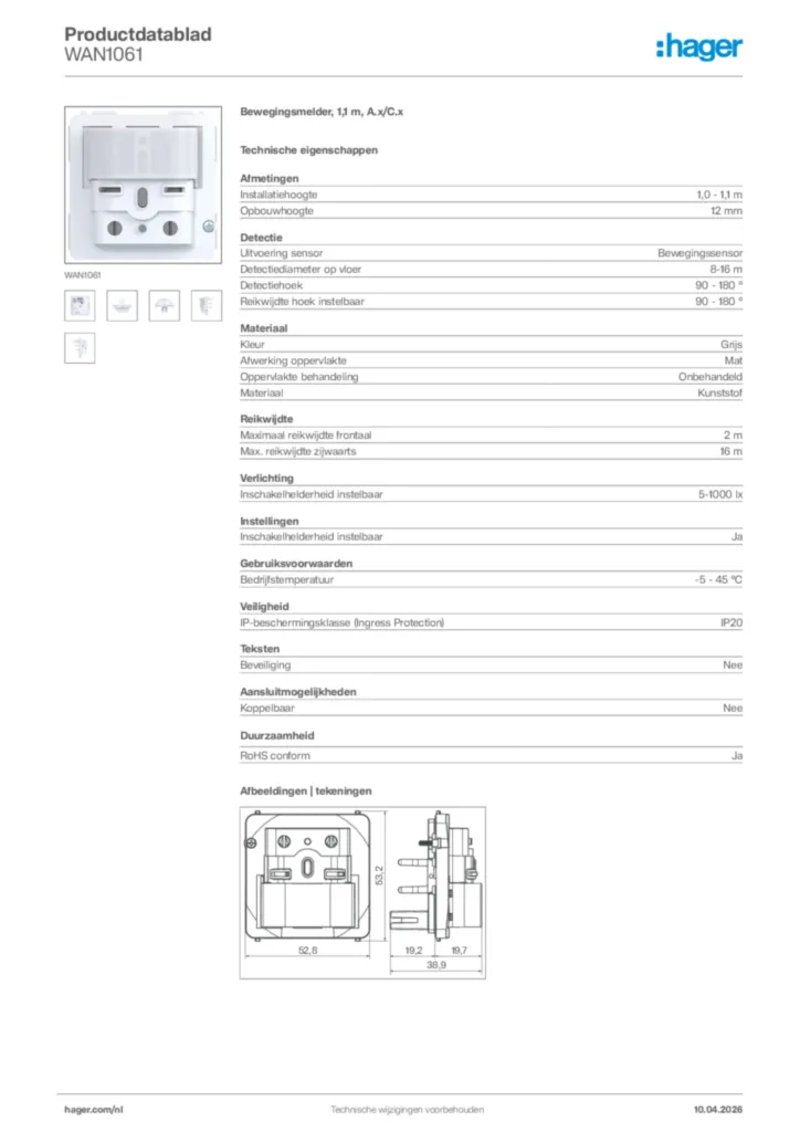 Afbeelding Hager Productdatablad WAN1061 | Hager Nederland