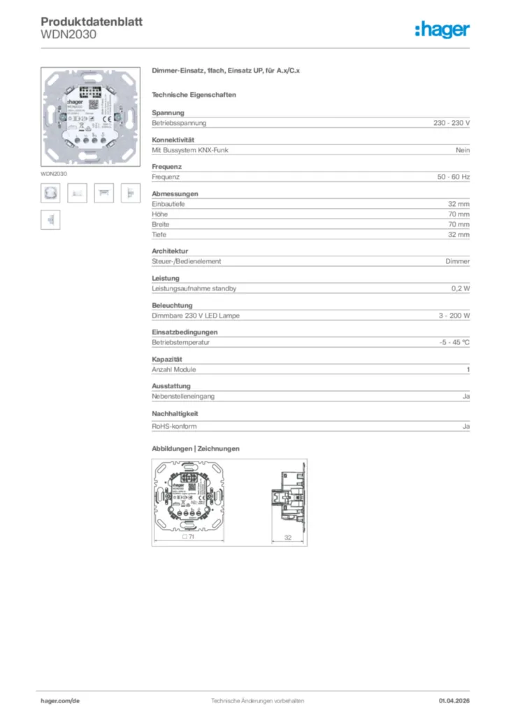 Bild Hager Produktdatenblatt WDN2030 | Hager Deutschland