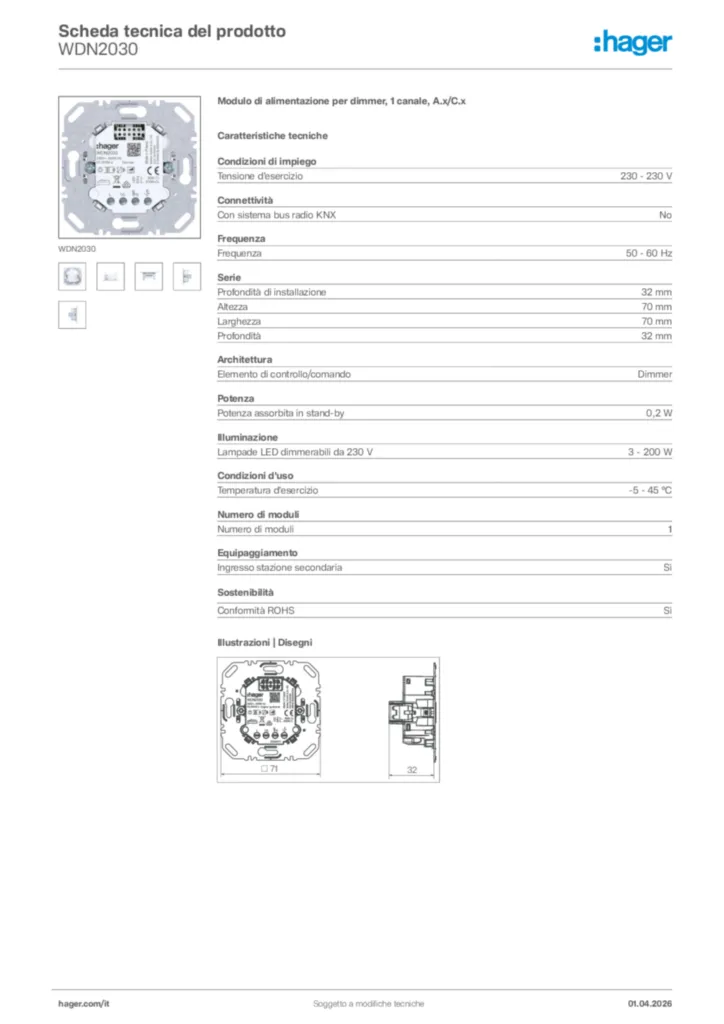 Immagine Hager Scheda tecnica del prodotto WDN2030 | Hager Italia