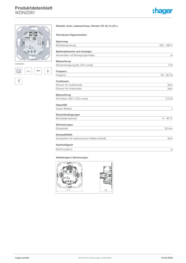 Bild Hager Produktdatenblatt WDN2061 | Hager Deutschland
