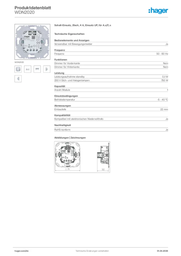 Bild Hager Produktdatenblatt WDN2020 | Hager Deutschland