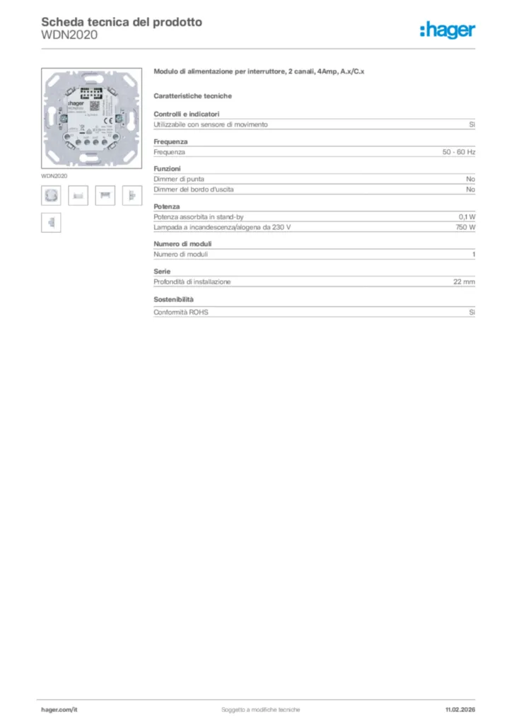 Immagine Hager Scheda tecnica del prodotto WDN2020 | Hager Italia