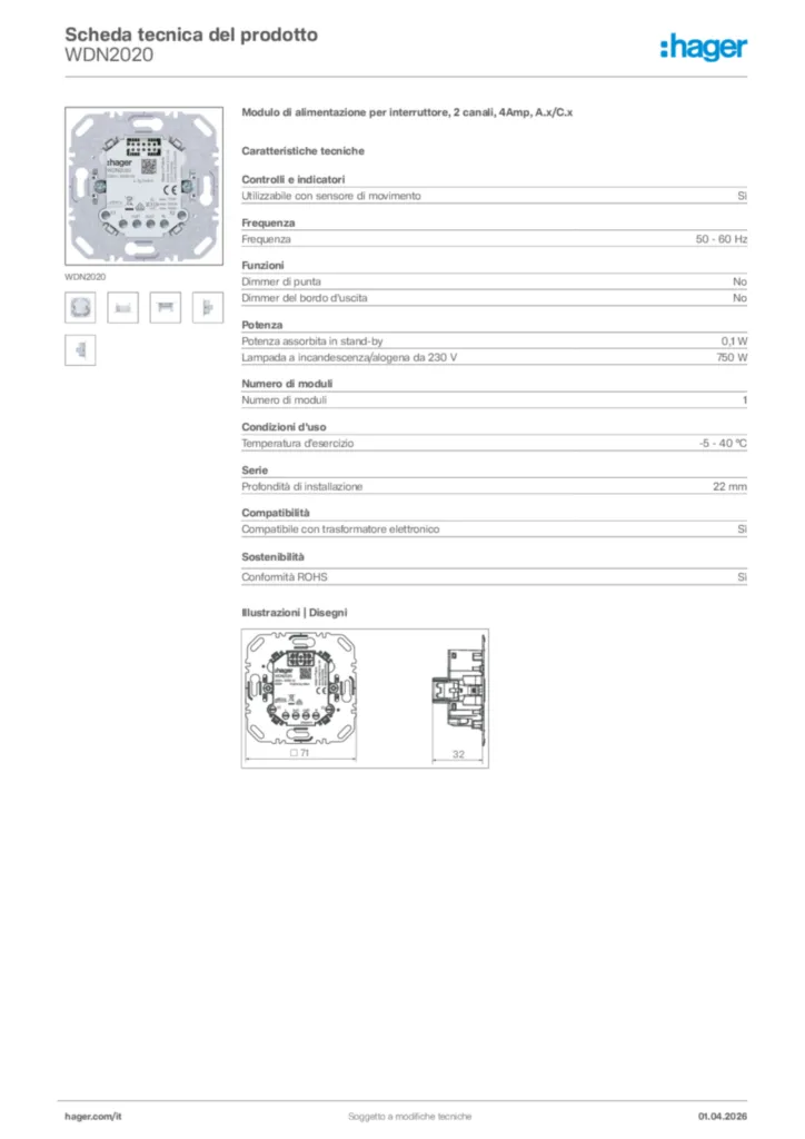 Immagine Hager Scheda tecnica del prodotto WDN2020 | Hager Italia