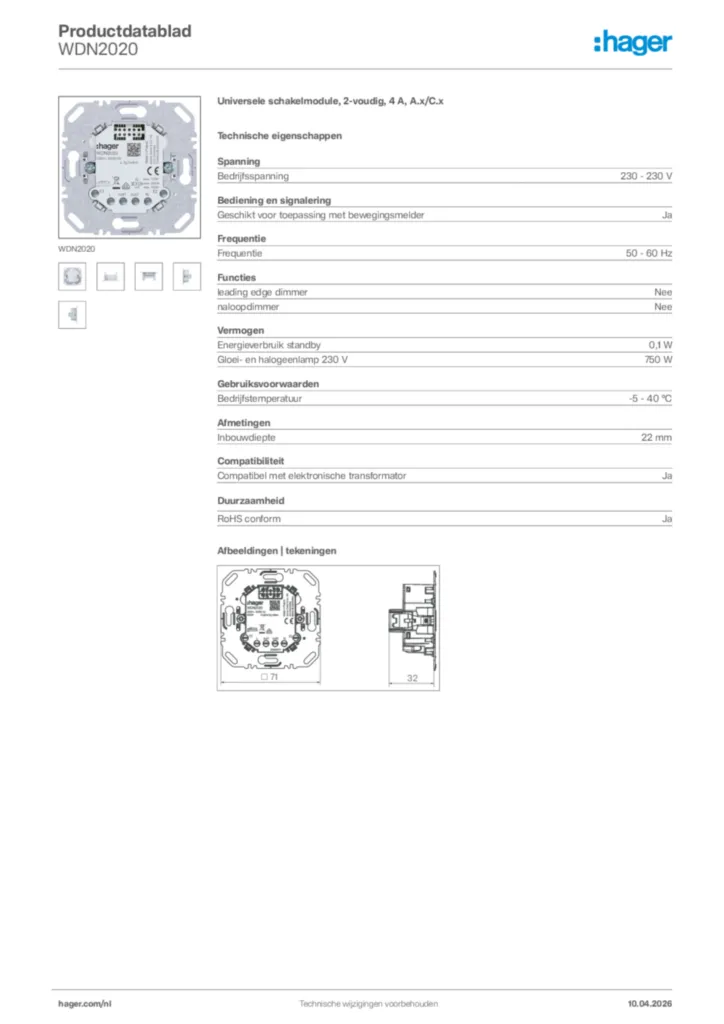 Afbeelding Hager Productdatablad WDN2020 | Hager Nederland