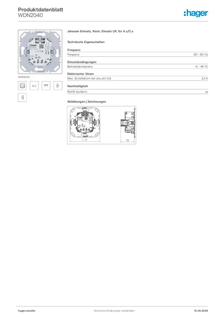 Bild Hager Produktdatenblatt WDN2040 | Hager Deutschland