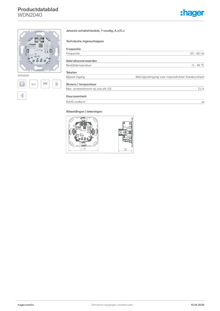Afbeelding Hager Productdatablad WDN2040 | Hager Nederland