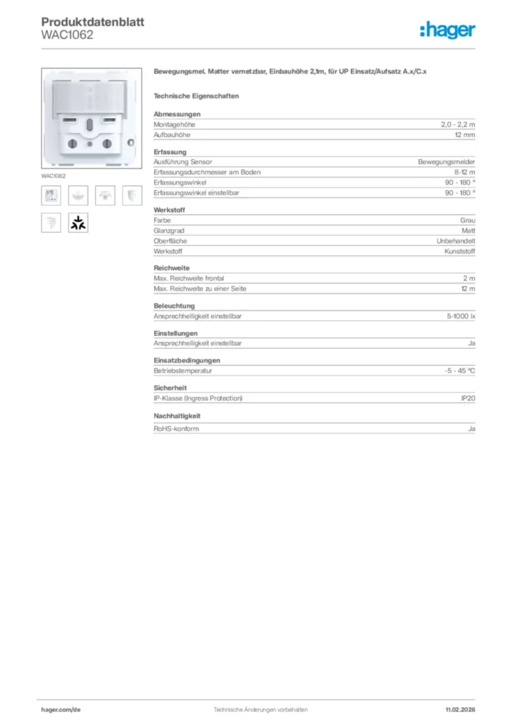 Bild Hager Produktdatenblatt WAC1062 | Hager Deutschland