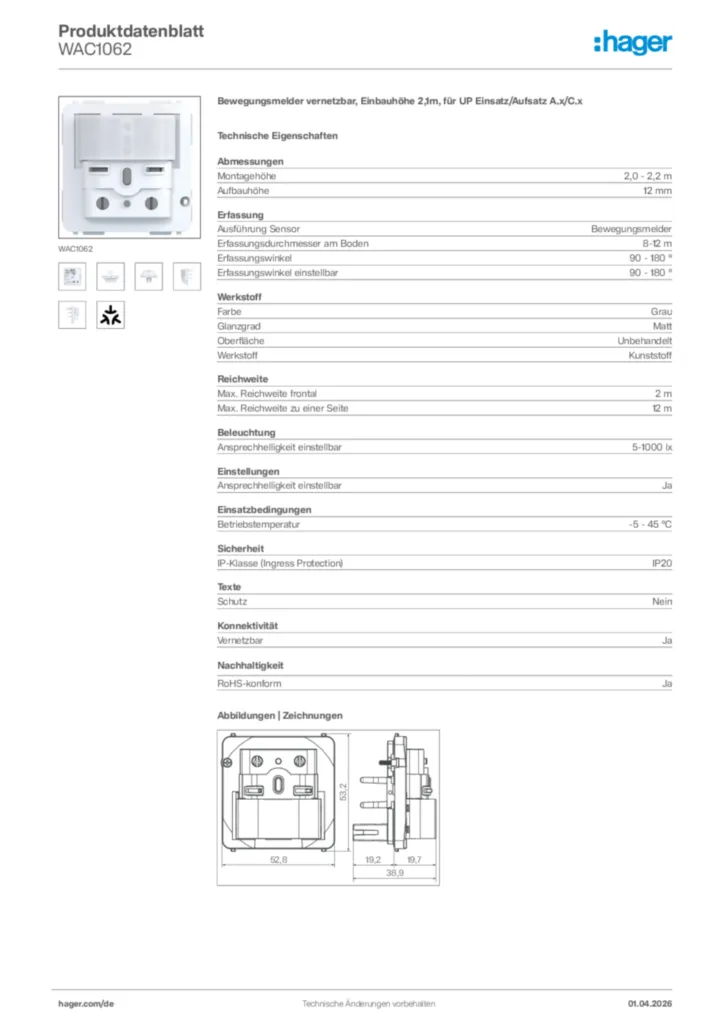 Bild Hager Produktdatenblatt WAC1062 | Hager Deutschland