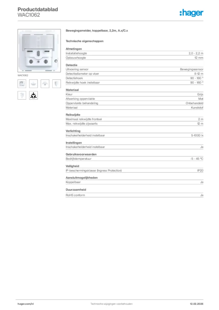 Afbeelding Hager Productdatablad WAC1062 | Hager Nederland