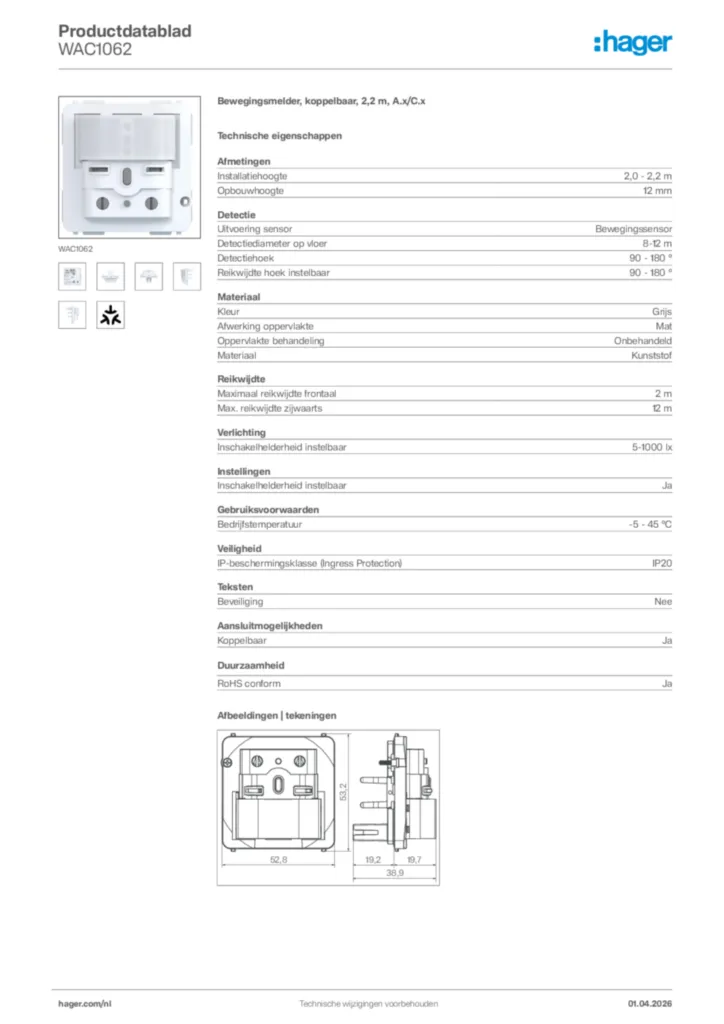 Afbeelding Hager Productdatablad WAC1062 | Hager Nederland