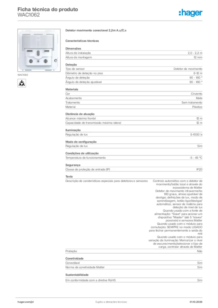 Imagem Hager Ficha técnica do produto WAC1062 | Hager Portugal