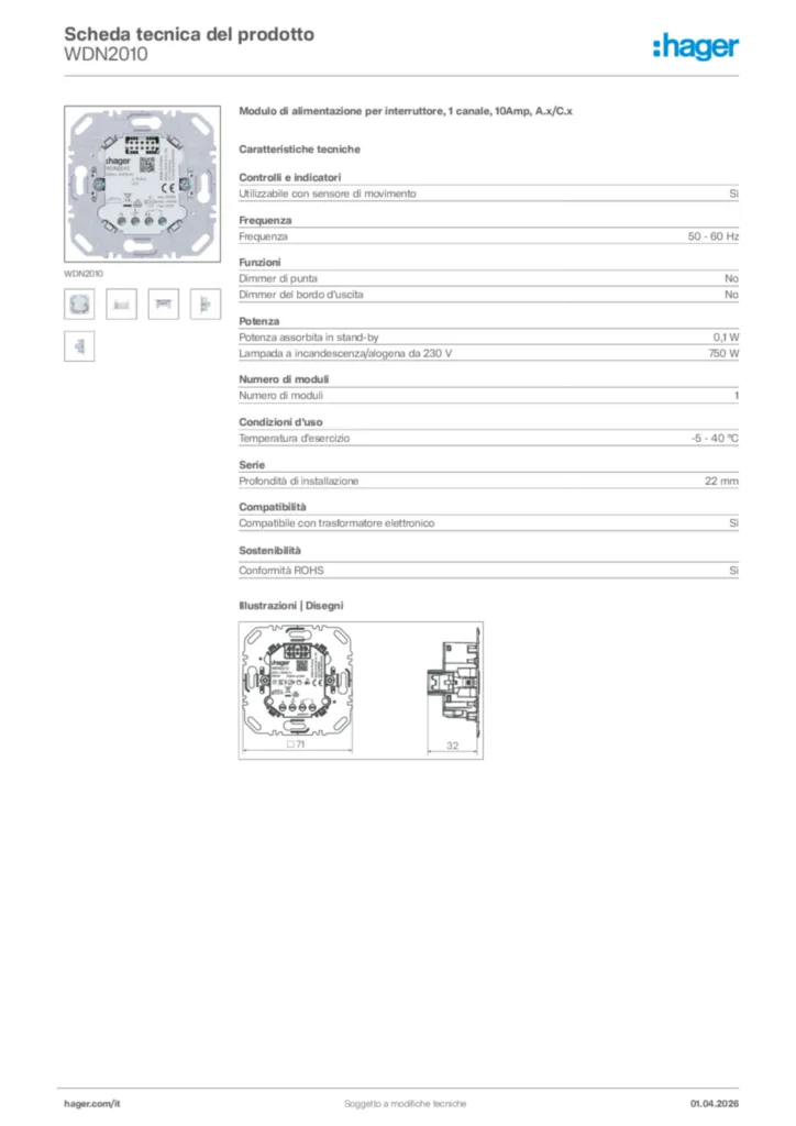 Immagine Hager Scheda tecnica del prodotto WDN2010 | Hager Italia
