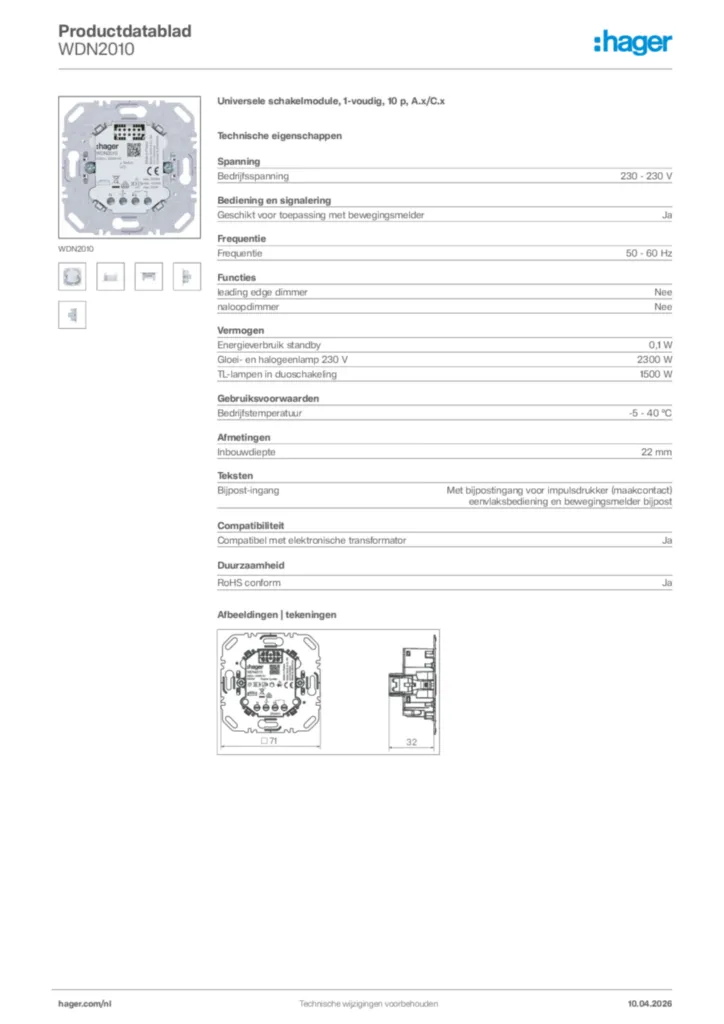Afbeelding Hager Productdatablad WDN2010 | Hager Nederland