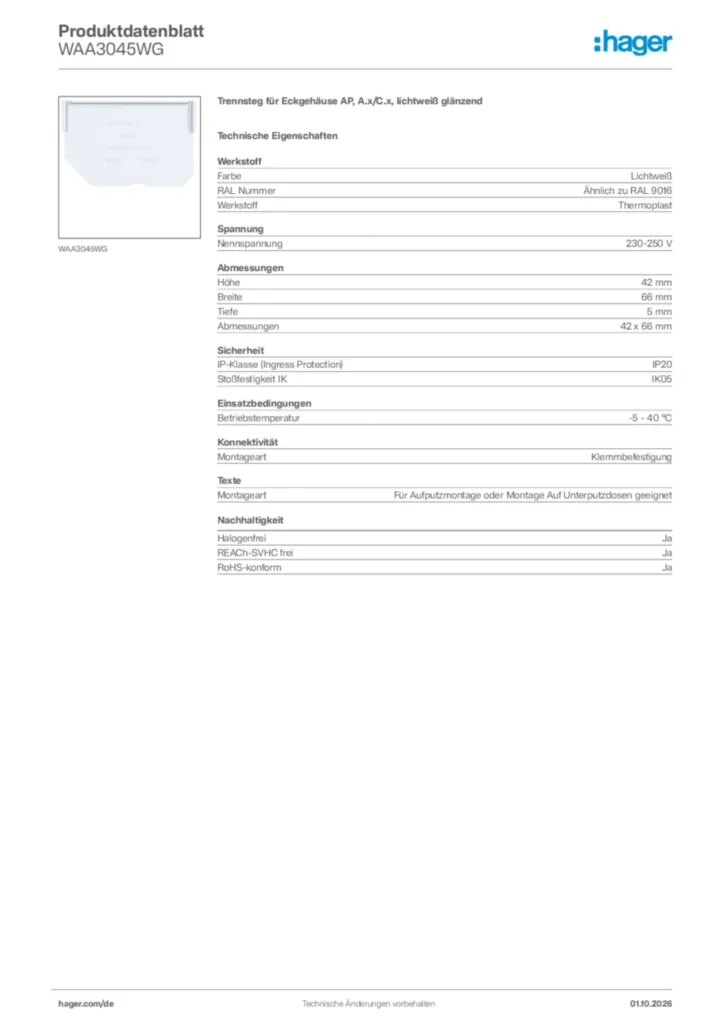 Bild Hager Produktdatenblatt WAA3045WG | Hager Deutschland