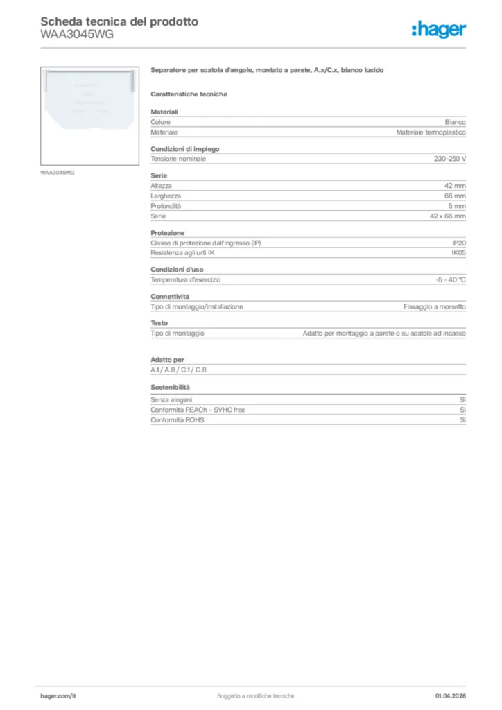 Immagine Hager Scheda tecnica del prodotto WAA3045WG | Hager Italia