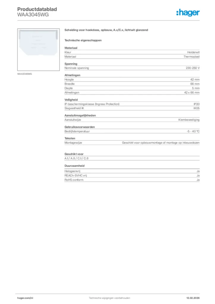 Afbeelding Hager Productdatablad WAA3045WG | Hager Nederland