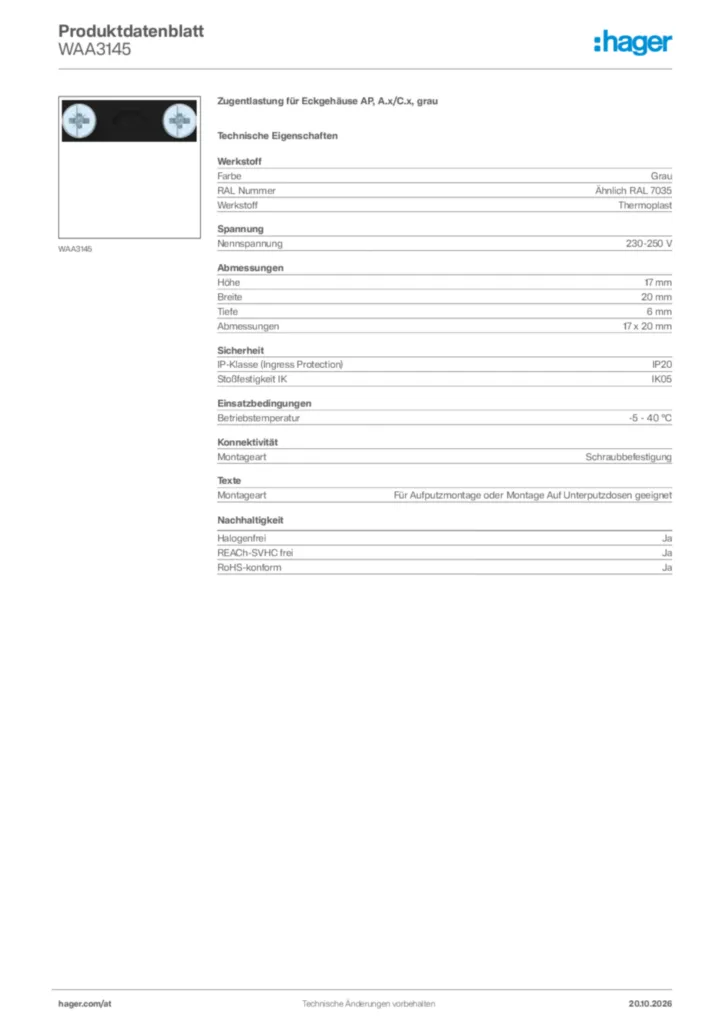Bild Hager Produktdatenblatt WAA3145 | Hager Deutschland