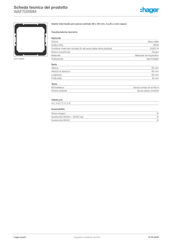 Immagine Hager Scheda tecnica del prodotto WAF7091BM | Hager Italia