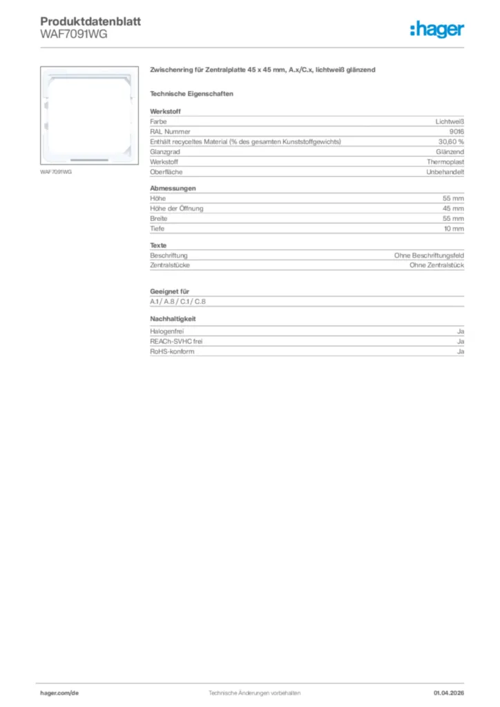Bild Hager Produktdatenblatt WAF7091WG | Hager Deutschland