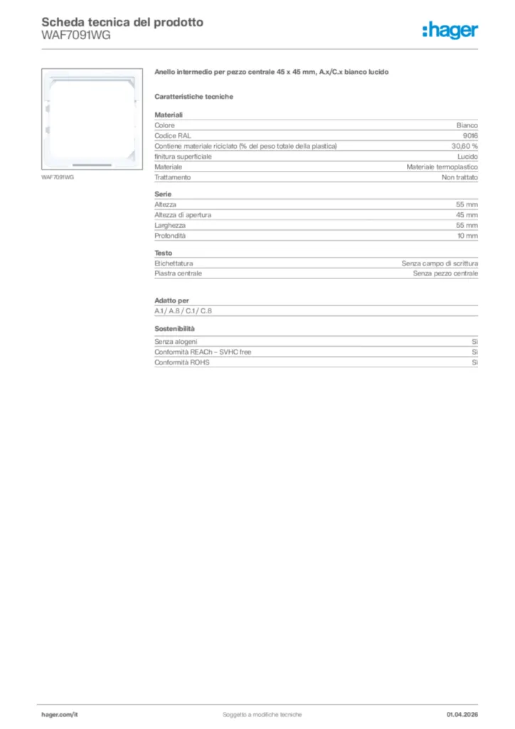 Immagine Hager Scheda tecnica del prodotto WAF7091WG | Hager Italia