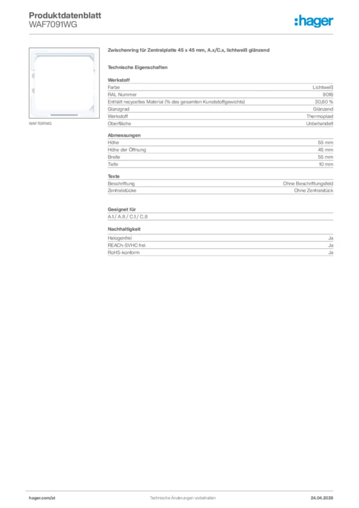 Bild Hager Produktdatenblatt WAF7091WG | Hager Deutschland