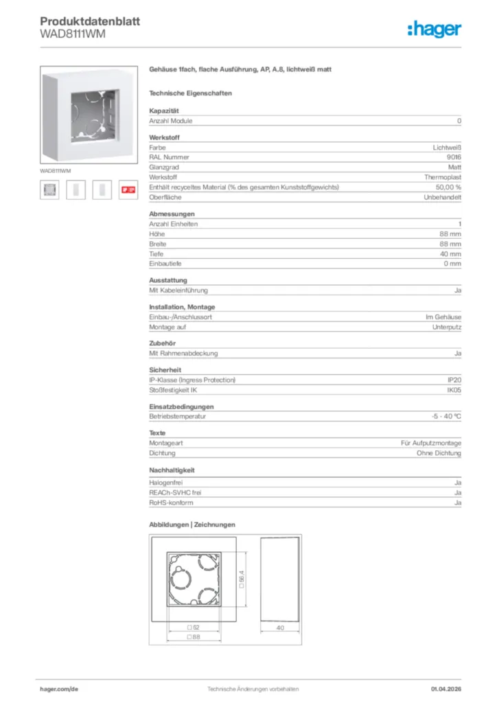 Bild Hager Produktdatenblatt WAD8111WM | Hager Deutschland