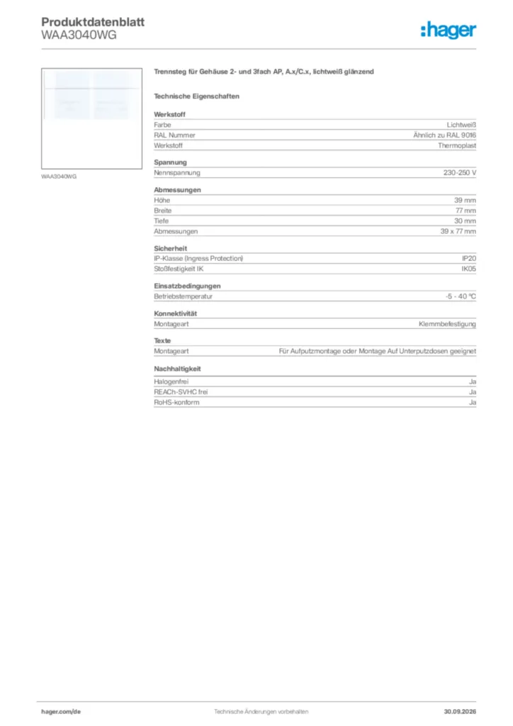 Bild Hager Produktdatenblatt WAA3040WG | Hager Deutschland