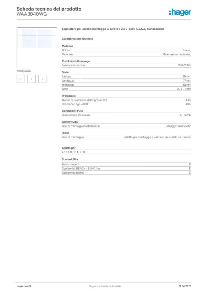 Immagine Hager Scheda tecnica del prodotto WAA3040WG | Hager Italia