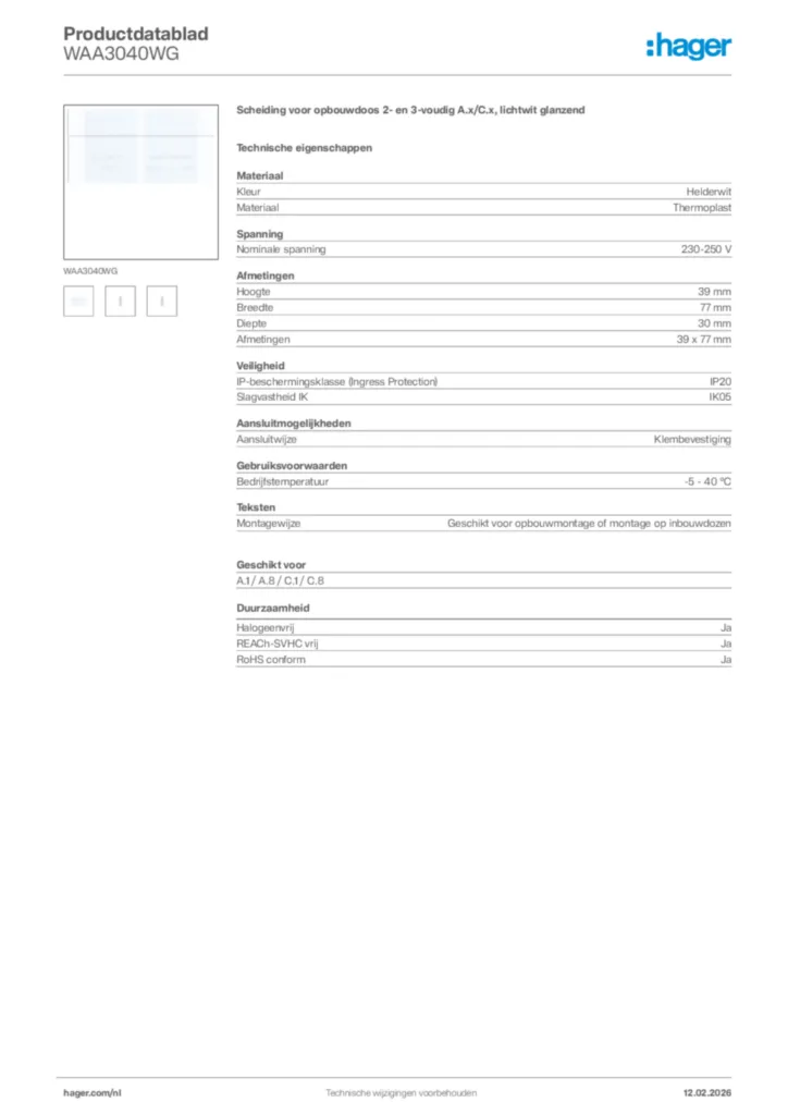 Afbeelding Hager Productdatablad WAA3040WG | Hager Nederland