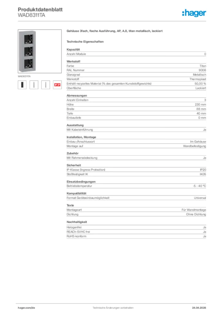 Bild Hager Produktdatenblatt WAD8311TA | Hager Deutschland