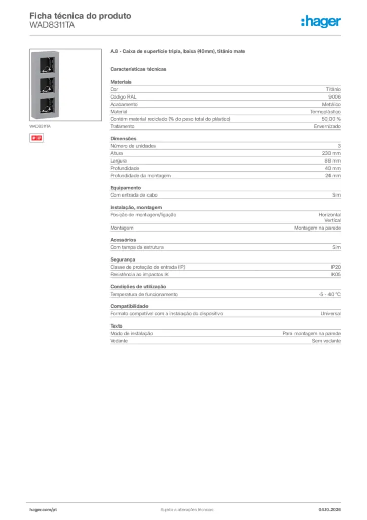 Imagem Hager Ficha técnica do produto WAD8311TA | Hager Portugal