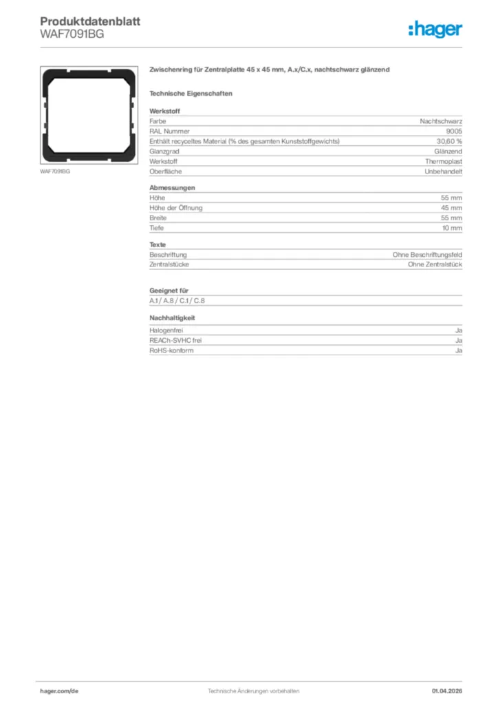 Bild Hager Produktdatenblatt WAF7091BG | Hager Deutschland