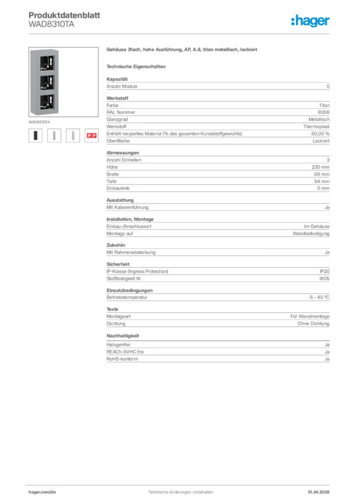 Bild Hager Produktdatenblatt WAD8310TA | Hager Deutschland