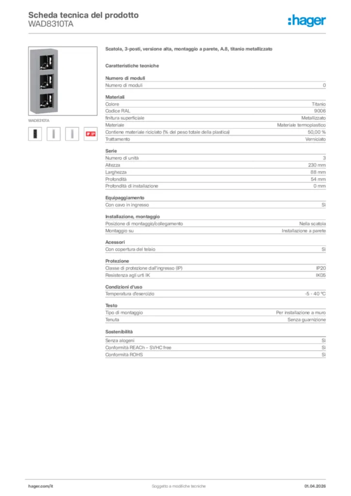 Immagine Hager Scheda tecnica del prodotto WAD8310TA | Hager Italia