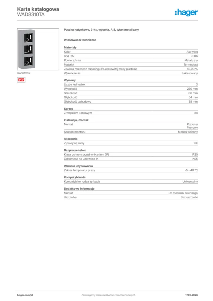 Zdjęcie Hager Karta katalogowa WAD8310TA | Hager Polska