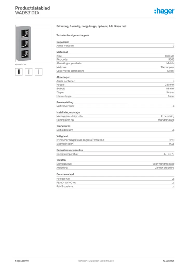 Afbeelding Hager Productdatablad WAD8310TA | Hager Nederland