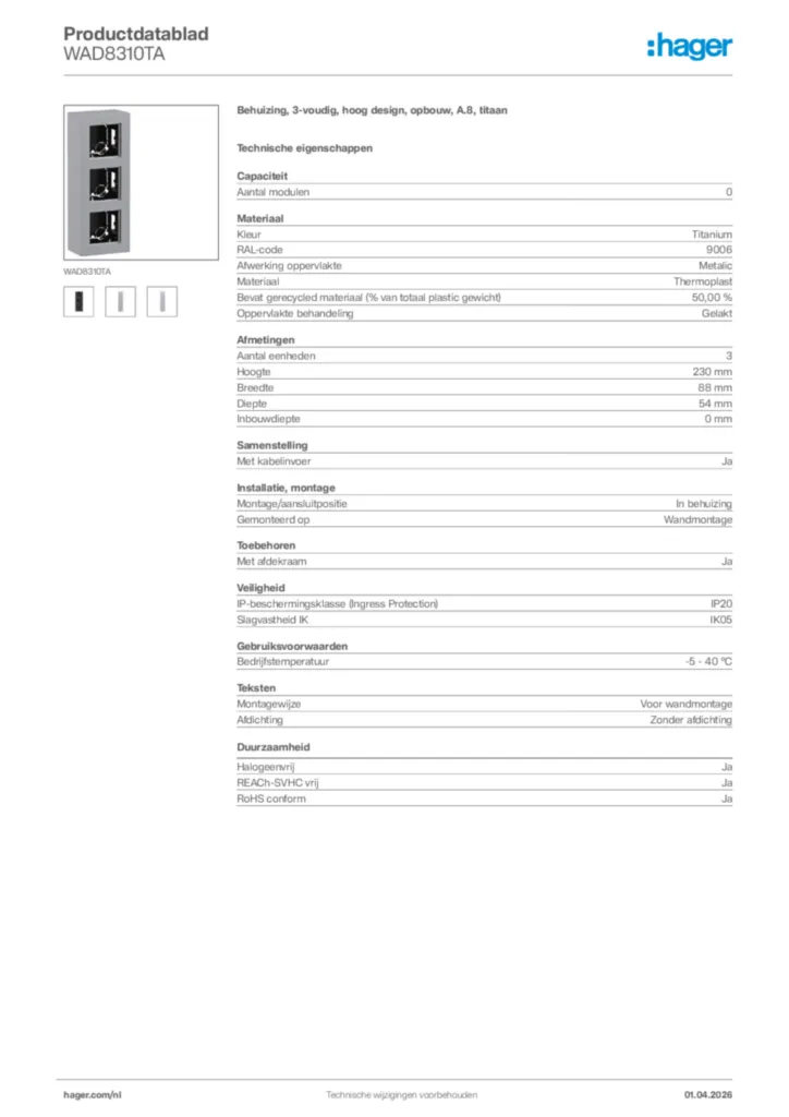 Afbeelding Hager Productdatablad WAD8310TA | Hager Nederland