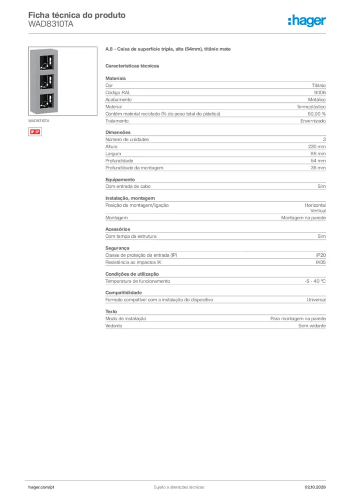 Imagem Hager Ficha técnica do produto WAD8310TA | Hager Portugal