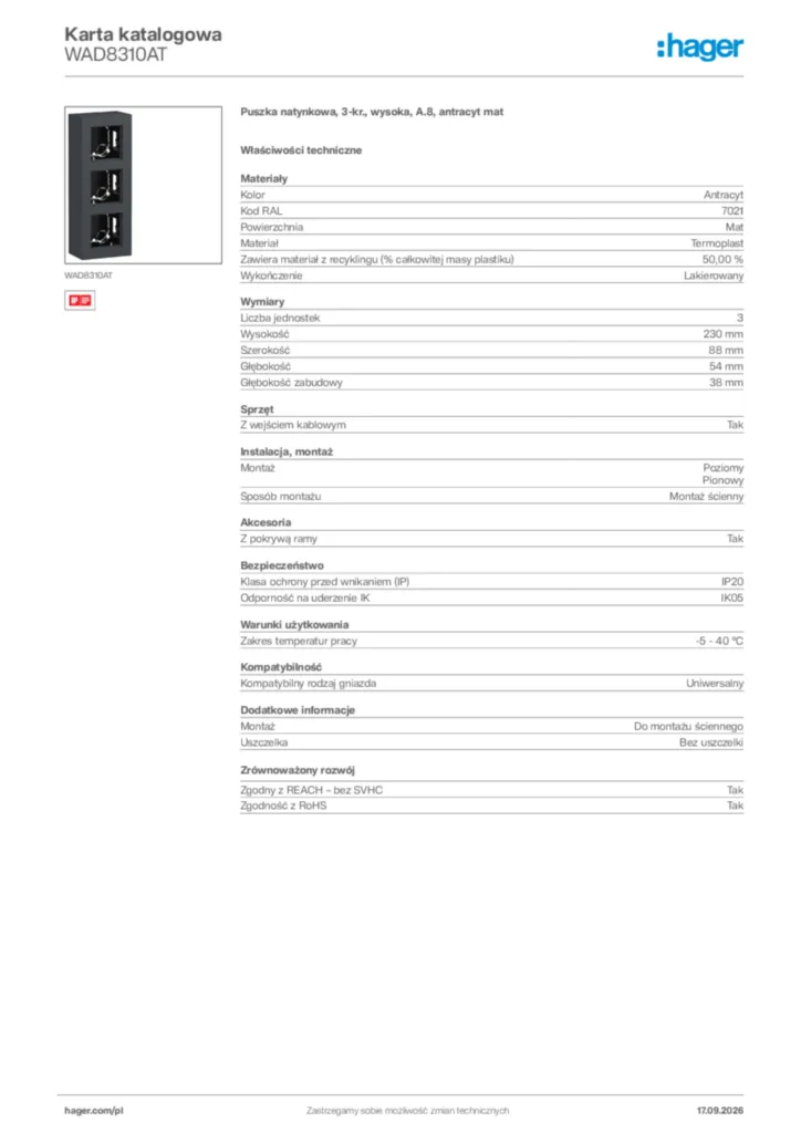 Zdjęcie Hager Karta katalogowa WAD8310AT | Hager Polska