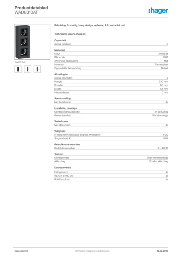 Afbeelding Hager Productdatablad WAD8310AT | Hager Nederland